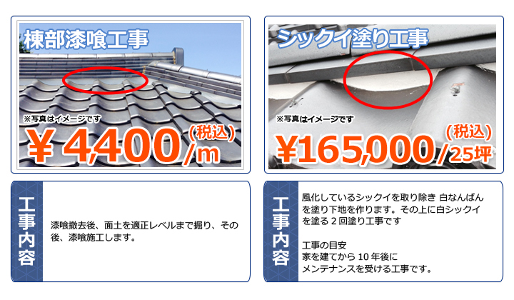 棟部漆喰工事鬼廻り防水工事(漆喰込)屋根リフォーム瓦修理工事葺き替え費用